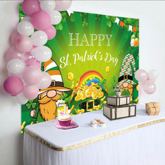 Lofaris Green St. Patrick's Day Gnomes Shamrocks Party Backdrop with Pot of Gold and Rainbow, Festive Irish Celebration Decor
