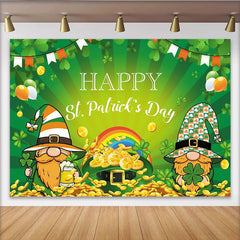 Lofaris Green St. Patrick's Day Gnomes Shamrocks Party Backdrop with Pot of Gold and Rainbow, Festive Irish Celebration Decor