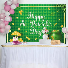 Lofaris Green St. Patrick's Day Party Backdrop with Shamrocks and Gold Coins, Lucky Leprechaun Hat and Pot of Gold Decor