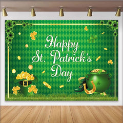 Lofaris Green St. Patrick's Day Party Backdrop with Shamrocks and Gold Coins, Lucky Leprechaun Hat and Pot of Gold Decor