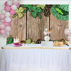 Lofaris Green Glitter Shamrocks and Gold Coins St Patricks Day Party Backdrop, Rustic Wooden Background for Irish Celebration
