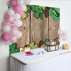 Lofaris Green Glitter Shamrocks and Gold Coins St Patricks Day Party Backdrop, Rustic Wooden Background for Irish Celebration