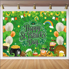 Lofaris Festive Green Happy St. Patrick's Day Party Backdrop, featuring Shamrocks, Leprechaun and Pot of Gold