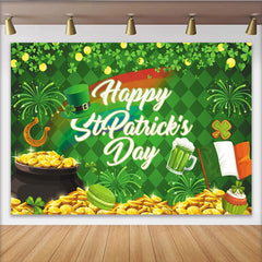 Lofaris Green and Gold St. Patrick's Day Party Backdrop with Shamrocks, Leprechaun Hat and Rainbow for Festive Celebrations