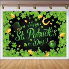 Lofaris Green Shamrocks and Gold Coins Happy St. Patrick's Day Party Backdrop, featuring a Leprechaun Hat and Pot of Gold Decor.