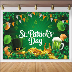 Lofaris Green St. Patrick's Day Party Backdrop with Shamrocks, Leprechaun Hat and Gold Coins, Festive Celebration Decor