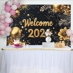 Lofaris Black and Gold Welcome 2026 New Year Backdrop, Elegant Golden Flowers and Balloons Party Decor