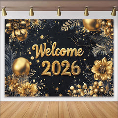 Lofaris Black and Gold Welcome 2026 New Year Backdrop, Elegant Golden Flowers and Balloons Party Decor