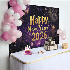 Lofaris Vibrant Purple and Gold Happy New Year Party Backdrop, featuring a Dazzling City Skyline and Festive Fireworks