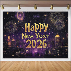 Lofaris Vibrant Purple and Gold Happy New Year Party Backdrop, featuring a Dazzling City Skyline and Festive Fireworks