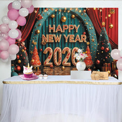 Lofaris Happy New Year 2026 Party Backdrop with Festive Christmas Trees, Red Curtains and Golden Ornaments