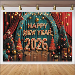 Lofaris Happy New Year 2026 Party Backdrop with Festive Christmas Trees, Red Curtains and Golden Ornaments