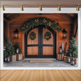 Lofaris Rustic Wooden Door Christmas Backdrop with Wreaths, String Lights and Pine Trees, Winter Holiday Party Decor