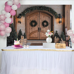 Lofaris Rustic Wooden Door Christmas Backdrop with Evergreen Garland and Wreaths, Festive Winter Holiday Decor