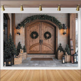 Lofaris Rustic Wooden Door Christmas Backdrop with Evergreen Garland and Wreaths, Festive Winter Holiday Decor