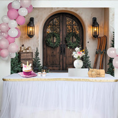 Lofaris Rustic Christmas Backdrop with Wooden Door, Green Wreaths and Cozy Lanterns, Winter Holiday Party Decor