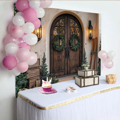 Lofaris Rustic Christmas Backdrop with Wooden Door, Green Wreaths and Cozy Lanterns, Winter Holiday Party Decor