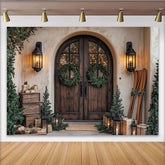 Lofaris Rustic Christmas Backdrop with Wooden Door, Green Wreaths and Cozy Lanterns, Winter Holiday Party Decor