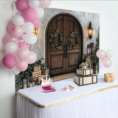 Lofaris Rustic Wooden Door Christmas Backdrop, Winter Holiday Scene with Wreaths, Trees, and Gifts