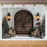 Lofaris Rustic Wooden Door Christmas Backdrop, Winter Holiday Scene with Wreaths, Trees, and Gifts