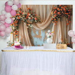 Lofaris Elegant Peach and Orange Floral Wedding Backdrop, Draped Fabric Rustic Wall Photo Background.