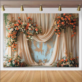 Lofaris Elegant Peach and Orange Floral Wedding Backdrop, Draped Fabric Rustic Wall Photo Background.