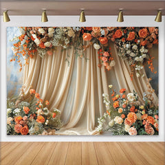 Lofaris Elegant Boho Floral Backdrop with Cream Drapes, featuring Peach and Orange Roses, for Wedding Party Decor