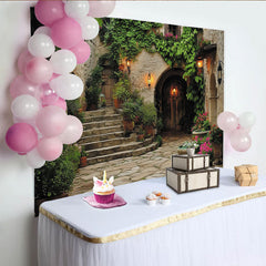 Lofaris Charming Rustic European Courtyard Photography Backdrop, Stone Walls with Arch Door, Green Ivy and Blooming Flowers