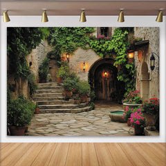 Lofaris Charming Rustic European Courtyard Photography Backdrop, Stone Walls with Arch Door, Green Ivy and Blooming Flowers
