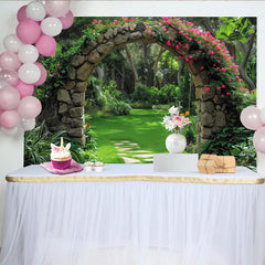 Lofaris Enchanting Lush Green Garden Stone Archway with Pink Roses Photography Backdrop, Serene Nature Path Scene for Photo