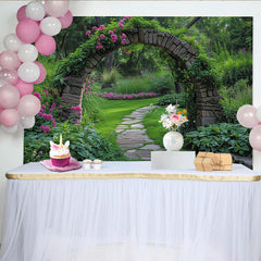 Lofaris Enchanted Garden Stone Archway with Pink Flowers and Winding Path Photography Backdrop, Lush Greenery Scene