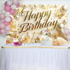 Lofaris Elegant Cream Happy Birthday Backdrop with Golden Butterflies and Pearls, Rose Floral Celebration Decor