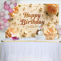 Lofaris Elegant Cream Floral Happy Birthday Backdrop with Golden Pearls and Butterflies, Celebration Party Decor