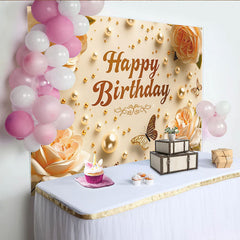 Lofaris Elegant Cream Floral Happy Birthday Backdrop with Golden Pearls and Butterflies, Celebration Party Decor