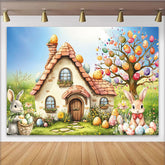 Lofaris Whimsical Easter Backdrop with Cute Bunnies, Colorful Eggs and a Charming Cottage for Spring Celebration
