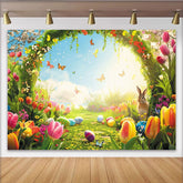 Lofaris Colorful Easter Spring Floral Backdrop with Cute Rabbit, Painted Eggs and Butterflies, Sunny Garden Party Decor