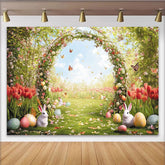 Lofaris Whimsical Spring Floral Easter Backdrop with Arch, Flying Butterflies and Colorful Eggs
