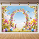 Lofaris Colorful Spring Easter Backdrop, Floral Arch with Cute Bunnies and Decorated Eggs, Party Photography