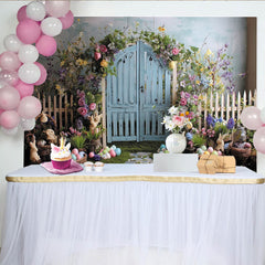 Lofaris Whimsical Spring Garden Easter Backdrop with Blue Wooden Door, White Picket Fence and Colorful Flowers, Green Grass