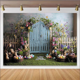 Lofaris Whimsical Spring Garden Easter Backdrop with Blue Wooden Door, White Picket Fence and Colorful Flowers, Green Grass