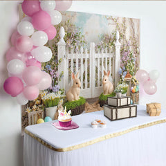Lofaris Whimsical Easter Backdrop with White Picket Fence, Bunnies and Colorful Eggs, Spring Garden Party Decor
