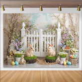 Lofaris Whimsical Easter Backdrop with White Picket Fence, Bunnies and Colorful Eggs, Spring Garden Party Decor