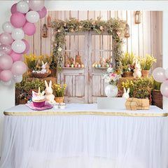 Lofaris Rustic Wooden Door Easter Backdrop with Floral Garland, Cute Bunnies and Colorful Eggs, Spring Photography Prop.
