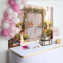 Lofaris Rustic Wooden Door Easter Backdrop with Floral Garland, Cute Bunnies and Colorful Eggs, Spring Photography Prop.
