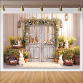 Lofaris Rustic Wooden Door Easter Backdrop with Floral Garland, Cute Bunnies and Colorful Eggs, Spring Photography Prop.