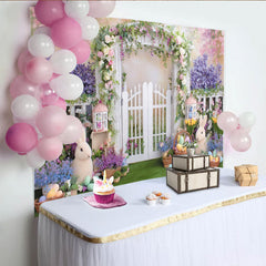 Lofaris Spring Garden Easter Backdrop with White Picket Fence Arch, Floral Garland and Colorful Eggs