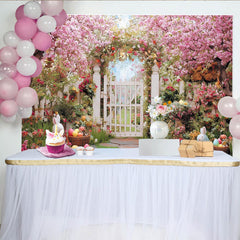 Lofaris Pink Cherry Blossom Easter Spring Garden Backdrop, White Picket Fence with Colorful Eggs, Party Decor
