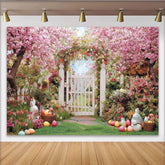 Lofaris Pink Cherry Blossom Easter Spring Garden Backdrop, White Picket Fence with Colorful Eggs, Party Decor