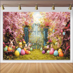 Lofaris Whimsical Easter Garden Backdrop with Cherry Blossoms, Colorful Eggs and Cute Bunnies, Spring Celebration Decor