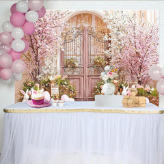 Lofaris Pink Cherry Blossom Easter Backdrop with Ornate Gate, Pastel Eggs and Bunnies for Spring Garden Party Decor